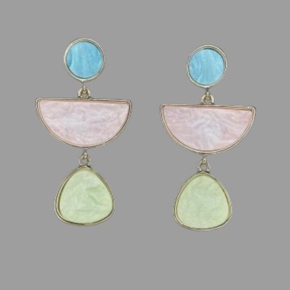 BONALUNA Geometric Frame Pierced Dangle Earrings Acrylic Gems Gold Toned Pink - Picture 1 of 3